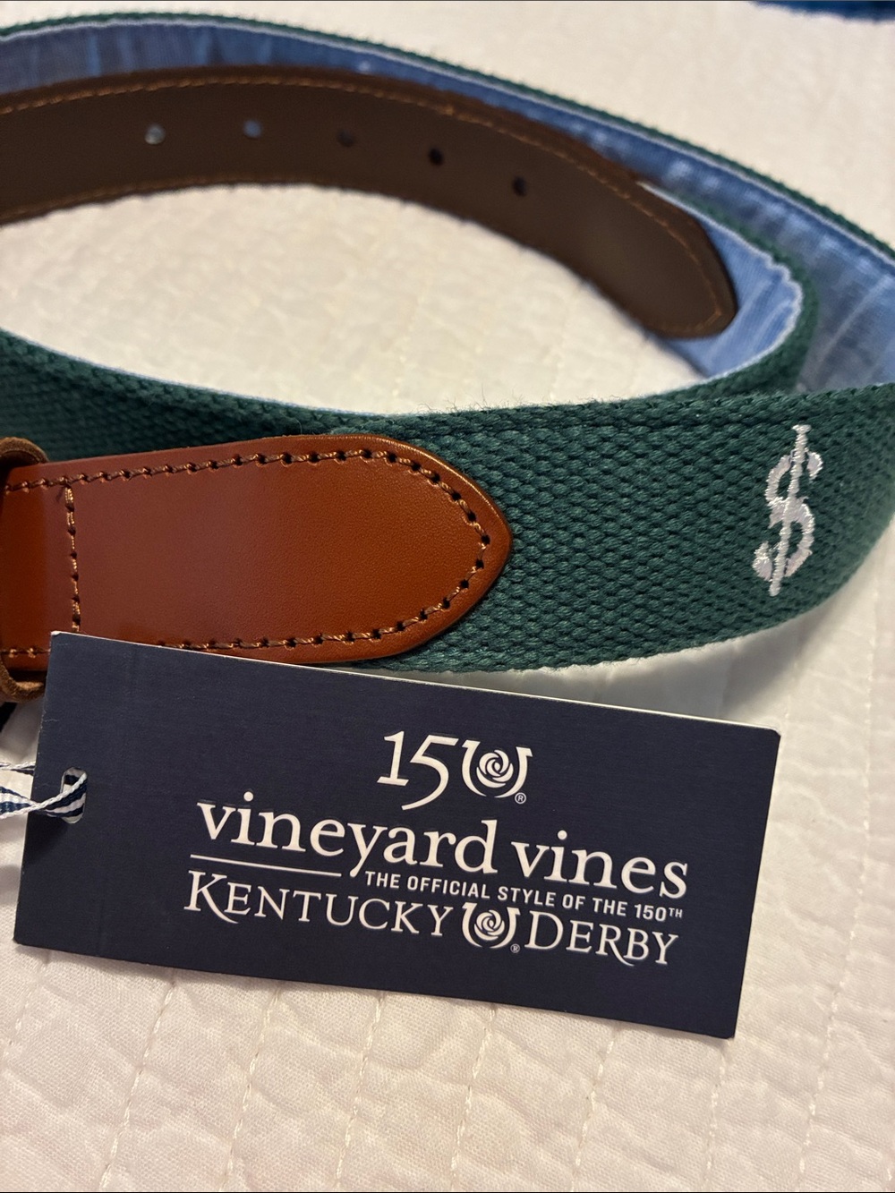 NWT Vineyard Vines 150th Kentucky Derby Green Canvas Belt Size 38